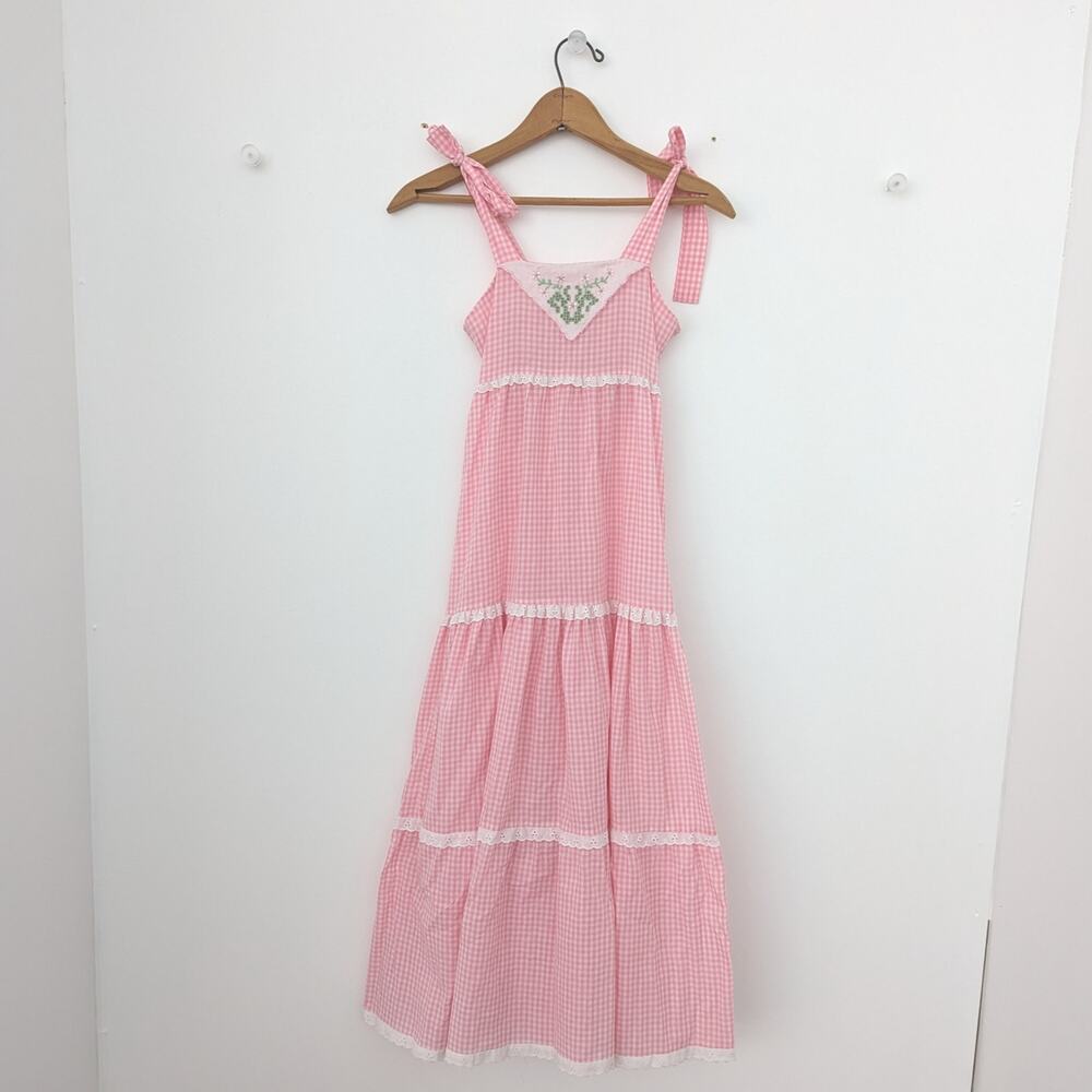 Vintage Cinderella Dress Girls Size 10 Pink Gingham Embroidered Sundress Maxi